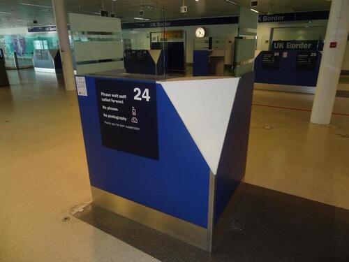 Single Security check desk- 3 glass partition, double shelf, Dimensions H1200mm (not including glass) W1200, D900