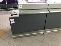 Right side security information desk. Stainless steel frontage and kick bar. Lockable cupboard and storage shelf. Width 1200mm, depth 900mm, height 1200mm.