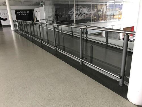 8 panel glass and metal barrier with hand rail and kick bar. Each glass panel W1500mm H1030mm