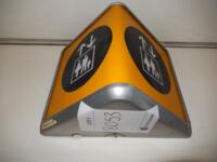 Wall mounted illuminated elevator sign. Curved metal box construction in a triangle form.