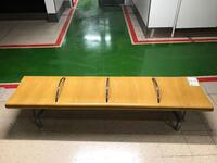 Four person Flue seat bench with wooden pine top and 3 chromed dividers.
