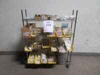 (LOT) ASST'D SMC PARTS, CYLINDER TIE ROD, TRANSFER CYLINDER, SOLENOID VALVES, PRESSURE SWITCHES, PNUEMATIC CYLINDER, SENSOR, ECT. (CART INCLUDED) (PAR