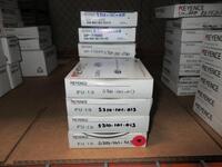 (4) KEYENCE FU-13 FIBER OPTIC SENSORS, (3) KEYENCE OP-77680 CONTACT ROLLERS AND (4) KEYENCE OP-77679 CONTACT FLAT PLATE TYPE (PALLET RACKING)