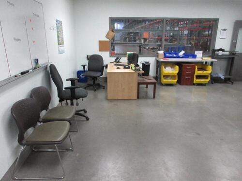 (LOT) CONTENTS OF ROOM, DESKS, TABLES, STORAGE CABINET, WORK STATIONS, CHAIRS AND MONITORS (PALLET RACKING)