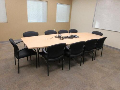 120" X 48" NEVENS CONFERENCE TABLE W/ (10) SIT ON IT CHAIRS, (1) SANYO PROJECTOR, (1) DA-LITE 7' PROJECTOR SCREEN AND WHITEBOARD (OFFICE)&nbsp;(DELAY PICK - UP 6/1/18)