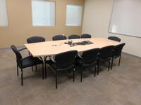 120" X 48" NEVENS CONFERENCE TABLE W/ (10) SIT ON IT CHAIRS, (1) SANYO PROJECTOR, (1) DA-LITE 7' PROJECTOR SCREEN AND WHITEBOARD (OFFICE) (DELAY PICK - UP 6/1/18)
