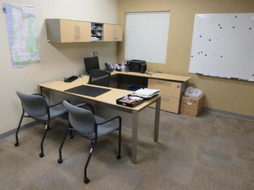 WATSON U-SHAPED DESK W/ CREDENZA, UP TOP STORAGE CABINET, SOFA, COFFEE TABLE (2) SIT ON IT OFFICE CHAIRS, (2) SIT ON IT SIDE CHAIRS, BOOK CASE, AND WHITEBOARD (OFFICE)&nbsp;(DELAY PICK - UP 6/1/18)