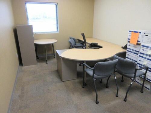 WATSON L-SHAPE DESK W/ 36" ROUND TABLE (1) SIT ON IT OFFICE CHAIR (3) SIT ON IT SIDE CHAIR, (1) BOOKCASE (OFFICE)