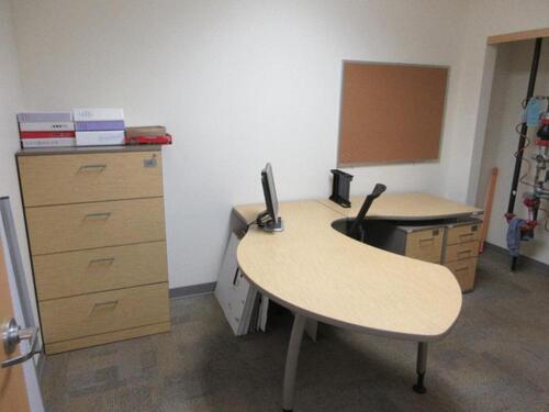 WATSON L-SHAPE DESK W/ 36" ROUND TABLE (1) SIT ON IT OFFICE CHAIR (3) SIT ON IT SIDE CHAIR, (2) FILE CABINETS AND 4 DRAWER LAT (OFFICE)