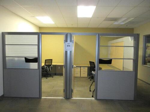 HERMAN MILLER 2 ROOM WORKSTATION 176" X 136" W/2 WATSON DESKS, (1) 4 DRAWER LAT, (2) PEDESTALS, (1) 36" X 36" TABLE, AND (2) SIT ON IT OFFICE CHAIRS &nbsp;(OFFICE)