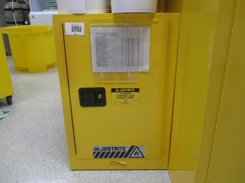 JustRite 891220 Sure-Grip EX 12 Gallon, 35" H x 23-1/4" W x 18" D, 1 Door, 1 Shelf, Self-Close Yellow Compact Flammable Storage Cabinet. (No Contents).s/n Tag #N/A Category: Lab Location: R&amp;D