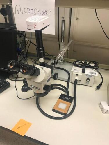 Meiji EMZ-13TR Meiji Model EMZ-13TR Trinocular Zoom Stereomicroscope with Infinity 2 Microscope Camera, Schott Ace I Light Source Unit and Boom Stands/n411729 Tag #805 Category: Location: