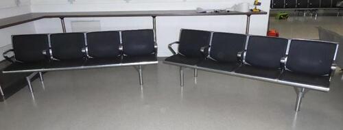2x Four persons seats, alloy construction. Black leather effect cushions