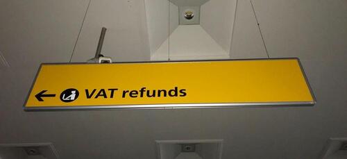 Vat Refunds / Check-in desk X double sided ceiling suspended large sign in metal frame