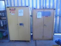 Qty (2) Flammable Cabinets consisting of (1) Secruall A390 90 Gal with Auto Close Doors, (1) Eagle 1945 45 gal with Auto Slide Door. Location: Outside Cage South