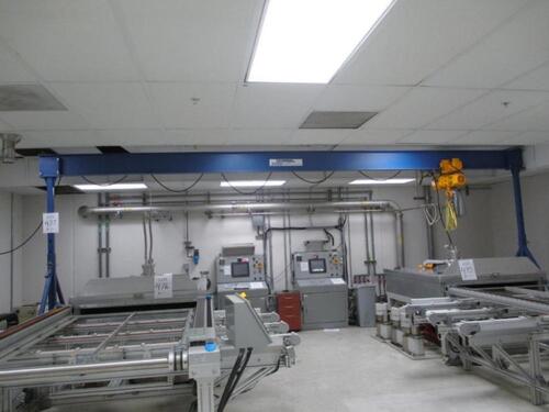 Gorbel 2000 lbs Steel Gantry Crane with 1 Ton Harrington Chain Hoist and Remote. Location: Pilot Line