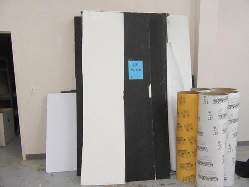 LOT ASST'D FOAM CORE BOARDS, WOOD BOARDS, PLEXIGLASS, WITH WOOD STORAGE CABINETS, 21" X 44" X 102", (IN FOUR DIFFERENT PLACES)