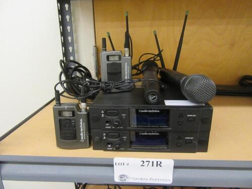 LOT (2) AUDIO-TECHNICA AEW-R4100 RECEIVERS, WITH (2) AUDIO-TECHNICA AEW-T3300 WIRELESS MIC'S, AND (2) AUDIO-TECHNICA AEW-T1000 WIRELESS TRANSMITTERS