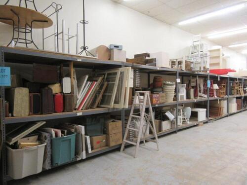 LOT ASST'D FURNITURE, SOFAS, CHAIRS, CABINETS, SUITCASES, PICTURE FRAMES, WINDOWS, BENCHES, WOOD LADDERS, PLUS (7) SECTIONS OF METAL SHELVING