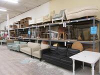 LOT ASST'D FURNITURE, SOFAS, DINING TABLES, CHAIRS, STOOLS, ARM CHAIRS, PLUS (6) SECTIONS OF METAL SHELVING