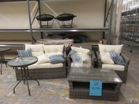 LOT ASST'D OUTDOOR FURNITURE, SOFA SET, TABLES, CHAIRS, UMBRELLAS, FIRE PITS , AND LOCKERS