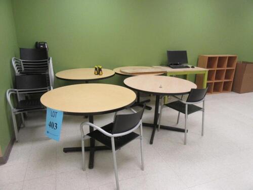 LOT (4) 42" ROUND TABLES, (12) STACKING CHAIRS, SQUARE TABLE AND WOOD RACK