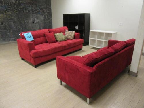 LOT (2) ASST'D RED FABRIC SOFAS, CHAIRS AND CABINETS