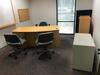 Executive Office Suite to Include 84" Desk with Chair, File Cabinets, L-Shaped Desk Return, Book Shelf, Small Conference Table, Three Chairs, also includes three (3) offices of assistant office furniture. Sale is subject to seller confirmation. Location: - 10