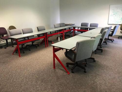 Contents of Training Room to Include: seven (7) Matching Tables and thirteen (13) Matching Chairs with seven (7) additional chairs and two tables. Sale is subject to seller confirmation. Location: Administrative Area