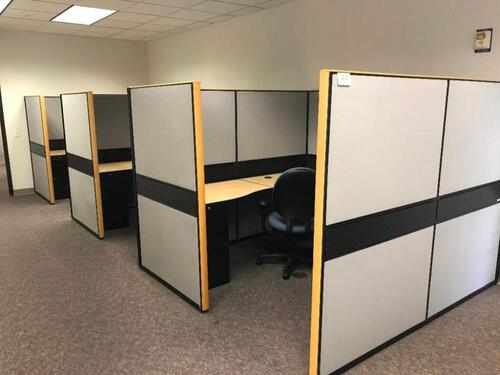 Lot of three (3) 88" x 88" Cubicle Sections, each includes two (2) file cabinets, overhead storage cabinet and chair. Sale is subject to seller confirmation. Location: Administrative Area