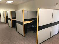 Lot of three (3) 88" x 88" Cubicle Sections, each includes two (2) file cabinets, overhead storage cabinet and chair. Sale is subject to seller confirmation. Location: Administrative Area