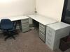 L-Shaped Desk with two (2) chairs and two (2) file cabinets. Sale is subject to seller confirmation. Location: Administrative Area - 2