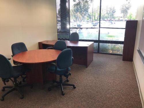 71" Desk with chair, Book Shelf, three (3) File Cabinets, Round Conference Table with four (4) chairs includes Whiteboard. Sale is subject to seller confirmation. Location: Administrative Area