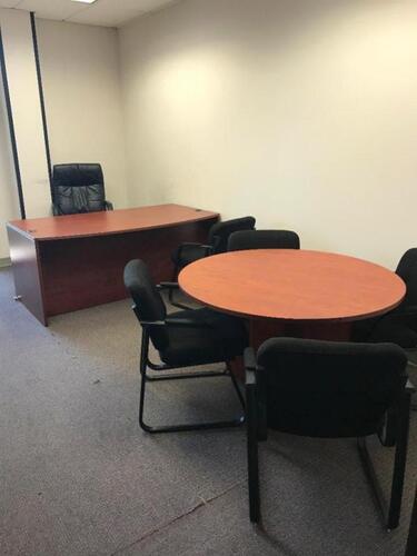 71" Desk with chair, Book Shelf, two (2) File Cabinets, Round Conference Table with four (4) chairs includes Whiteboard. Sale is subject to seller confirmation. Location: Administrative Area