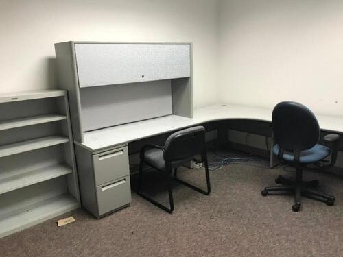 L-Shaped Desk with two (2) chairs, File Cabinet, Book Shelf and Frigidaire Mini-Fridge. Sale is subject to seller confirmation. Location: Administrative Area