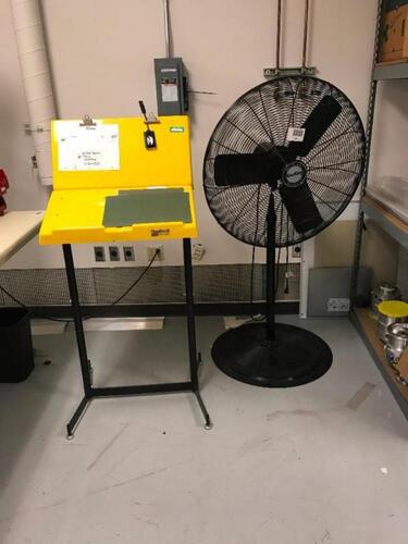Air King 32" Pedestal Shop Fan with Job Stand Location: Warehouse Area