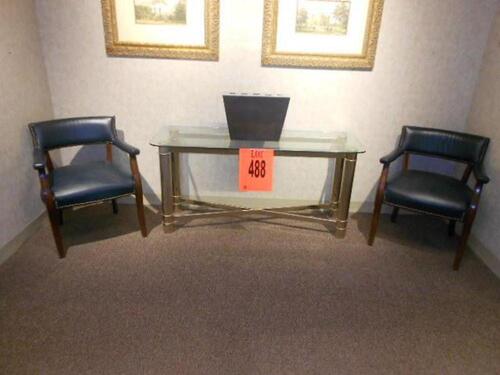 56'' CONSOLE TABLE GLASS TOP WITH 2 LEATHER SIDE CHAIRS