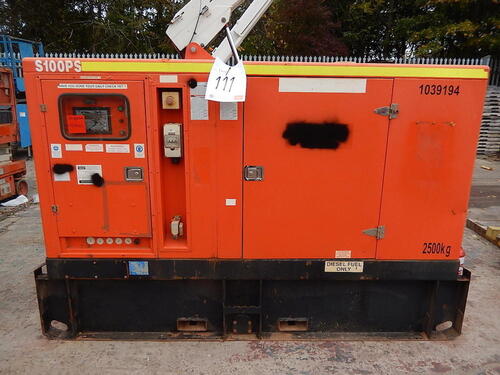 Promac S100PS 100KVa Fork Attachable Skid-Mounted Diesel Engined Generator, 80kw, 100kVA. Perkins 2436/1500, Engine S/N RJ51175049787111, Stamford X10A010598 Alternator, 2500kg weight. Dimension 2295mm x 1140mm x 1720mm CE MARK EVIDENT. Year: 2010, S/N: 