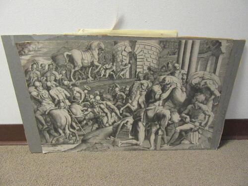 ANTIQUE PRINT COPPER ENGRAVING BY GIULIO BONASONE (1949-1580) "THE TROJANS HAULING THE WOODEN HORSE INTO TROY"