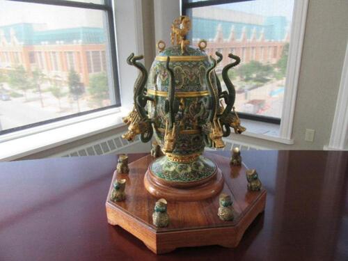 DECORATIVE CHINESE ENAMEL ON METAL SEISMOSCOPE WITH DRAGONS MOUNTED ON WOOD BASE