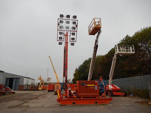 Allight SS15K-12 Fork Attachable Skid- Mounted Diesel Engine Driven 15,000 Watt Hydraulic Telescopic Lighting Tower, 12M Extendable Height, rotate and tilt, with 15 Philips Model HNF 901 narrow floodlights, FG Wilson 25kVA generator Model P33-2 and Perki