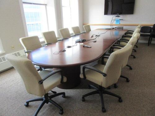 18' X 5' WOOD CONFERENCE TABLE WITH 12 ALL SEATING CHAIRS, WHITEBOARD AND SCREEN (DELAYED PICK-UP 8-31-18)