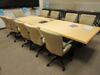 12' X 4' WOOD CONFERENCE TABLE WITH 10 ALL SEATING CHAIRS, AND CREDENZA