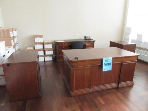 HOOKER WOOD DESK WITH CREDENZA, (2) LATERAL FILING CABINETS, AND (1) 96" X 42" CONFERENCE TABLE