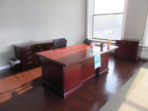 OFS WOOD DESK WITH CREDENZA, (2) STORAGE CABINETS, (1) 96" X 42" CONFERENCE TABLE AND OFFICE CHAIR