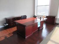 OFS WOOD DESK WITH CREDENZA, (2) STORAGE CABINETS, (1) 96" X 42" CONFERENCE TABLE AND OFFICE CHAIR