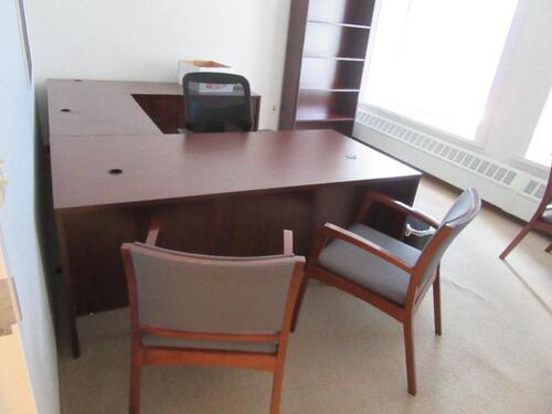 U-SHAPED DESK WITH BOOKCASE, ROUND TABLE, OFFICE CHAIR AND (4) SIDE CHAIRS (DELAYED PICK-UP 8-31-18)