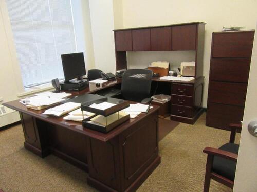 U-SHAPED DESK WITH HUTCH, 4 DRAWER LATERAL, BOOKCASE, OFFICE CHAIR AND (5) SIDE CHAIRS (DELAYED PICK-UP 8-31-18)