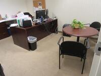 DESK WITH BOOKCASE, ROUND TABLE, 2 DRAWER LATERAL, (2) OFFICE CHAIRS AND (3) SIDE CHAIRS (DELAYED PICK-UP 8-31-18)