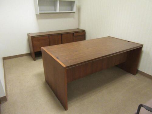 (3) ASST'D DESKS, (2) CREDENZAS, (2) BOOKCASES, (10) SIDE CHAIRS AND ROUND TABLE